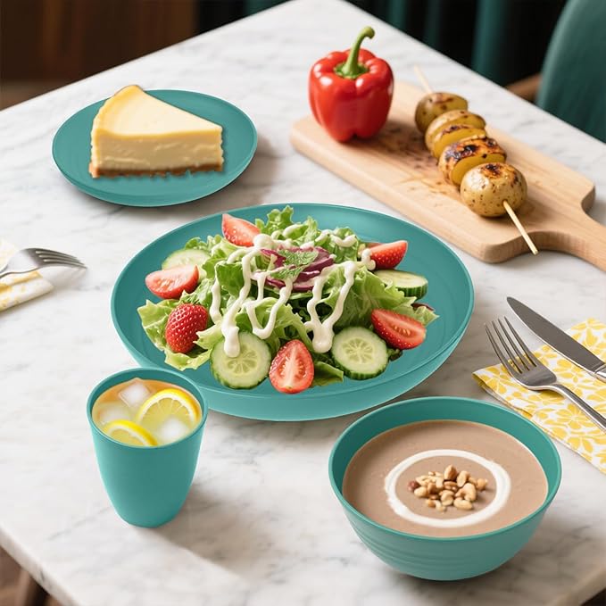 Wheat Straw Dinnerware Sets, 32 PCS Dishes Set for 8, Unbreakable Plates and Bowls Sets, Microwave Safe Dinnerware Set for Kitchen Outdoor Camping RV - Green
