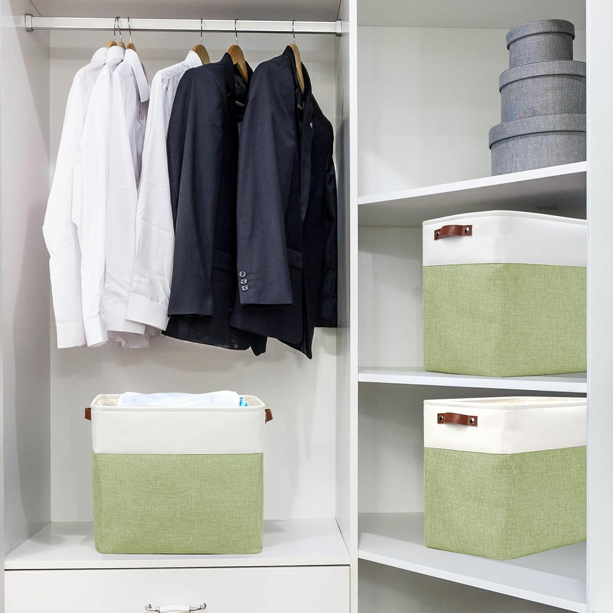 Large Fabric Storage Baskets | 50L Storage Bins, Decorative Linen Closet Baskets with Handles for Organizing, Shelf, Toys, Clothes, Home, Office, Nursery, 17x12x15Inches (Green&White)