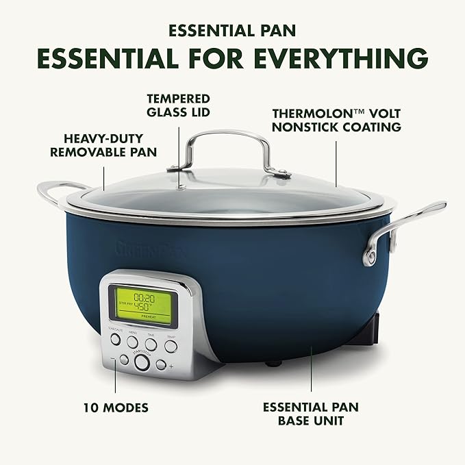 GreenPan Elite Essential Smart Electric 6QT Skillet Pot, Presets to Sear Saute Stir-Fry and Cook Rice, Healthy Ceramic Nonstick and Dishwasher Safe Parts, Easy-to-use LED Display, Oxford Blue