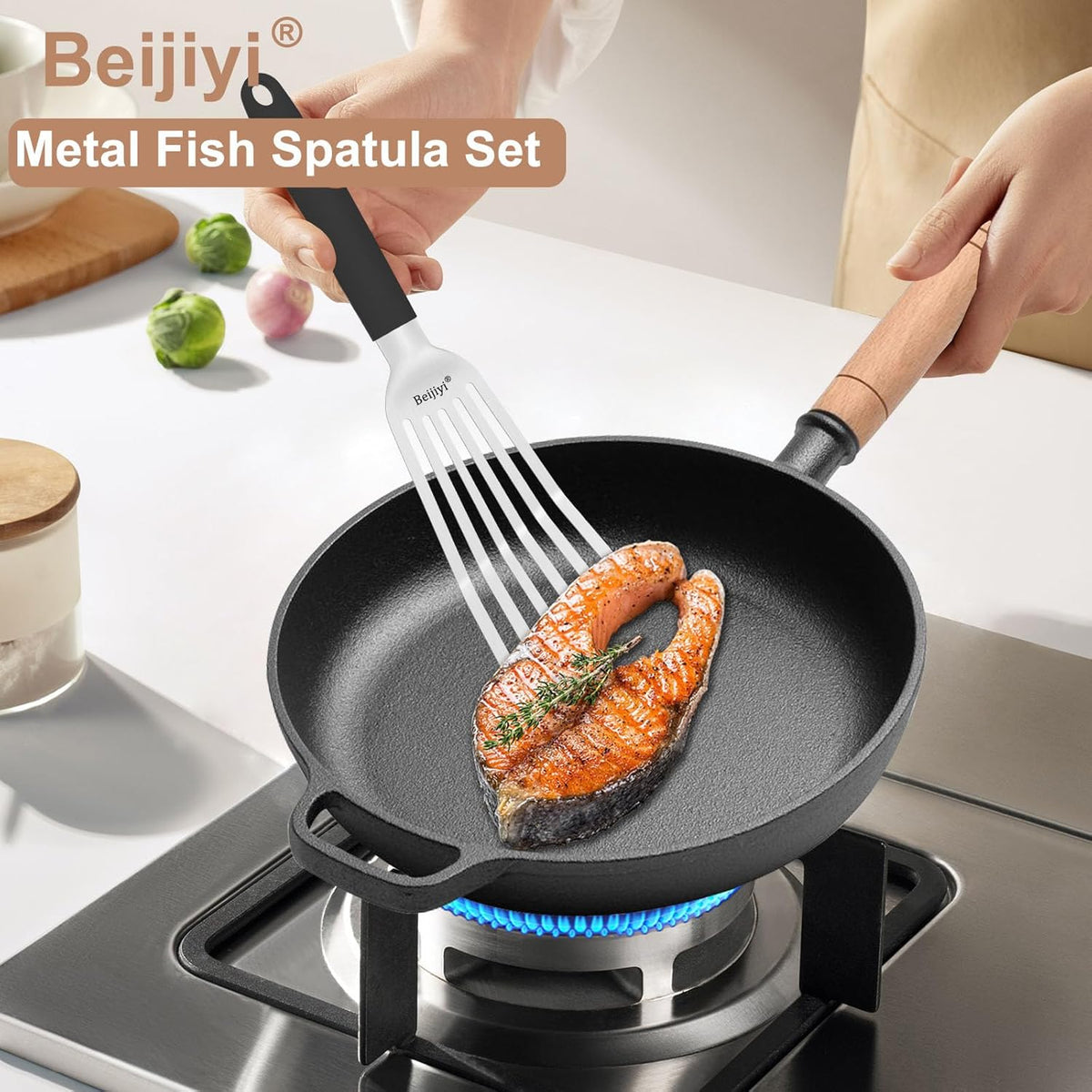 Beijiyi Fish Spatula Stainless Steel, 13.5" Large Metal Fish Spatula for Cast Iron Skillet Cooking and Grilling, Kitchen Slotted Turner with Full Tang Silicone Handle and Curved Blade