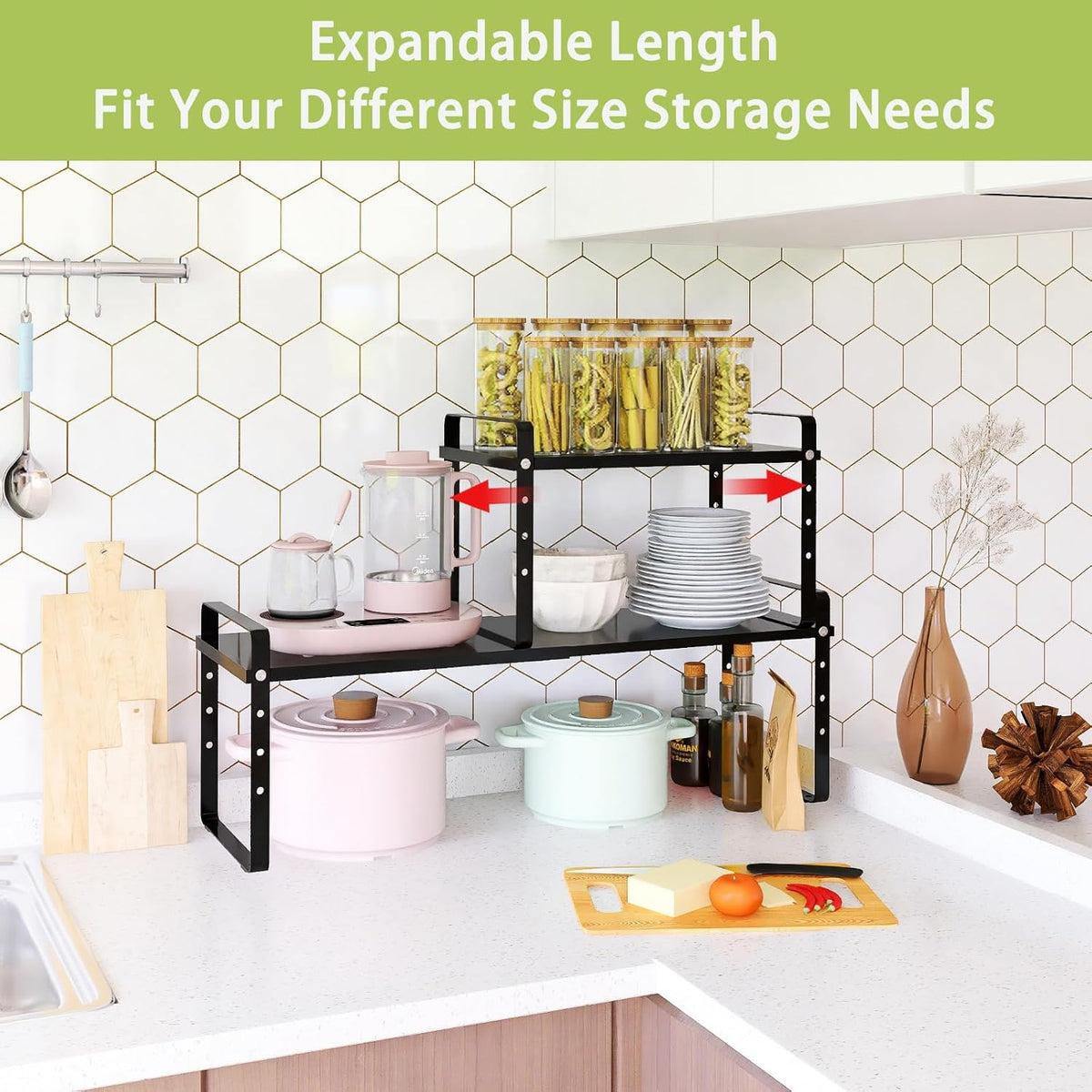 Expandable Cabinet Shelf Organizer Rack, Stackable Kitchen Counter Storage Shelves Stand, Adjustable Height Pantry Shelf Spice Rack (Black, 2 Pack)