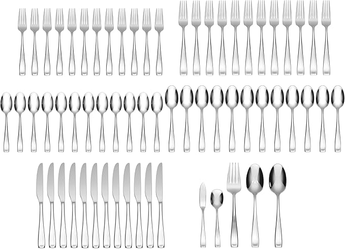 Oneida Silverware Set For 12, Moda 65-Piece Fine Flatware Set with Serving Utensils, Service For 12, 18/10 Stainless Steel, Dishwasher Safe For home, Knives Spoons and Forks Set (Silver, 65 pieces)