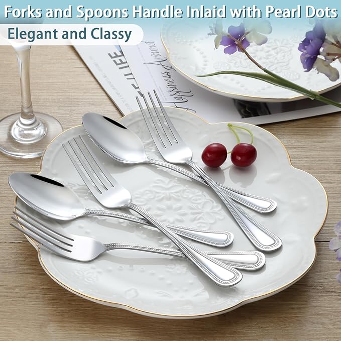 24 PCS Spoons and Forks Set, Food Grade Stainless Steel with Pearl Dot Design Handle Silverware Set, Mirror Polished Dishwasher Safe, Silverware Forks and Spoons for Home or Restaurant