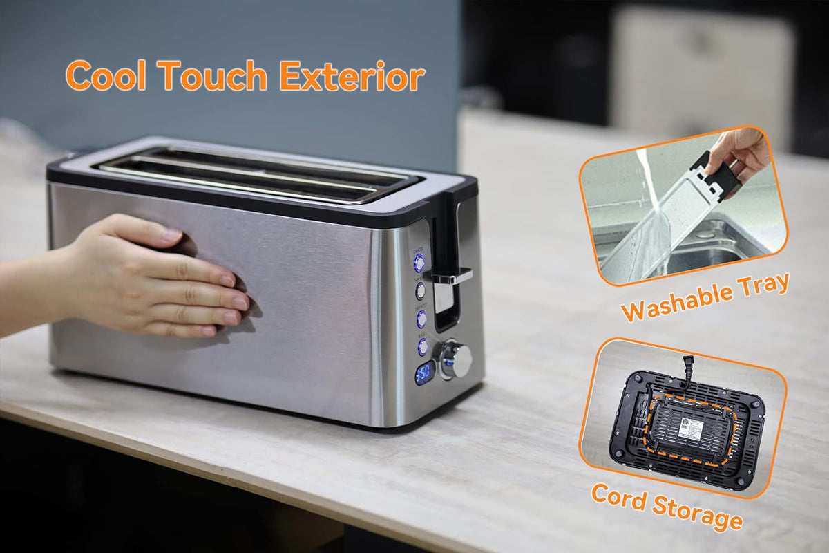 Mecity 4 Slice Toaster, Long Slot Toaster With Countdown Timer, Bagel/Defrost/Reheat/Cancel Functions,Warming Rack, Removable Tray, 6 Browning Settings, Extra Wide Slots, Stainless Steel, 1300W