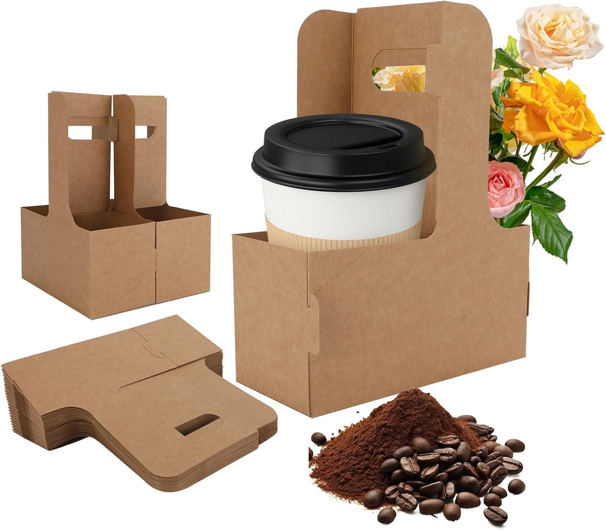 100 Pcs Coffee Drink Carrier with Handle (12-30oz) 2 Cups or 4 Cups,Disposable Paperboard Cup Holder with Handle,Disposable Cup Holders for Drinks,Great for All Your Drink and Food Delivery