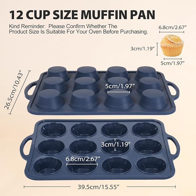 2 Pack Silicone Muffin Pan 12 and 24 Cup with Metal Frame,Non Stick Silicone Mini Cupcake Pan with Handles, BPA Free Silicon Regular Muffin Tin Tray Small for baking, egg bites, Mold Grey