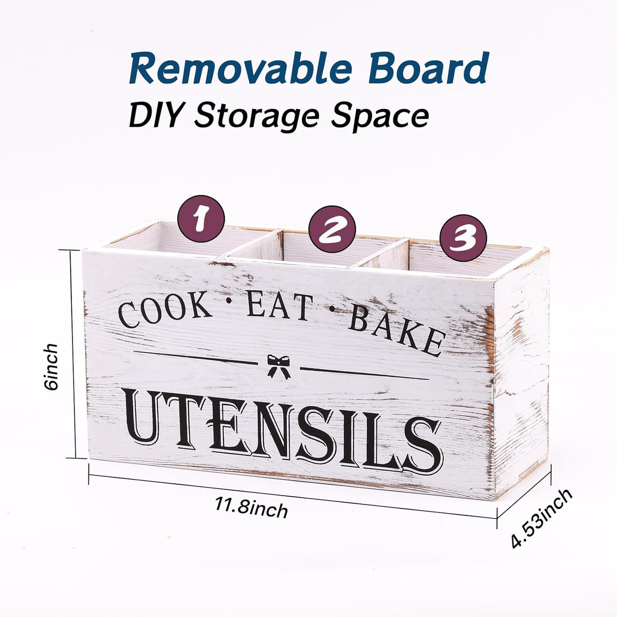 Kitchen Utensil Holder for Counter or Countertop, Extra Large Wood Organizer with 3 Compartments, Wooden Storage for Cooking and Silverware, Rustic Minimalist Decor, Sturdy Utensil Crock-White