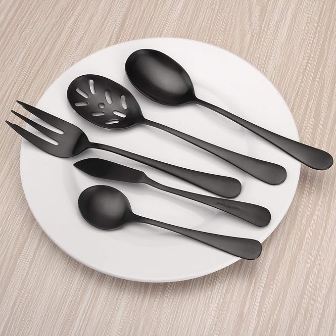 Matte Black Serving Set，SHARECOOK 5-Piece 18/0 Stainless Steel Large Hostess Set with Round Edge, Satin Finished, Dishwasher Safe -Spoons, Forks,Butter Knife& Slotted Spoon