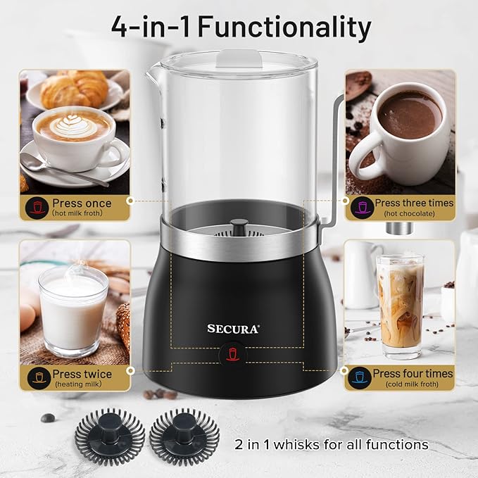 Secura Detachable Milk Frother and Steamer, 17oz Electric Milk Warmer with Glass Jug, 4-in-1 Hot & Cold Foam Maker for Latte, Cappuccinos & Hot Chocolate, Dishwasher Safe, BPA & Teflon-Free Design