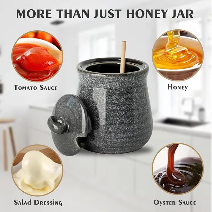 Hasense Honey Jar with Lid, 12 Ounce Ceramic Honey Pot with Wooden Dipper Stick, Grey Kitchen Container Dish for Birthday Wedding Gift, Easy to Clear