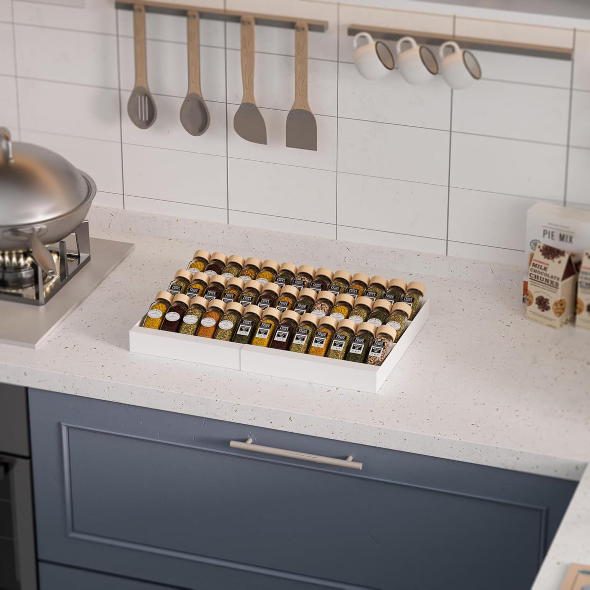 Expandable Metal Spice Drawer Organizer,3-Tier,Slanted Seasoning Jars Tray for Kitchen Cabinet Drawers Insert/Countertop (Jars not included)-3Tier,1pack/White