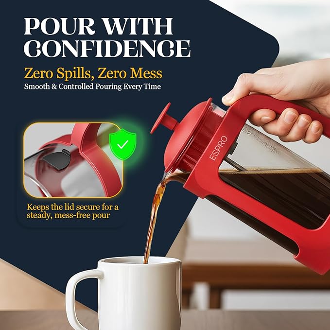 ESPRO Light P3 French Press Coffee Maker – Patented Double Micro-Filter for Grit-Free Brew, Heat Resistant thicker Borosilicate Glass Coffee press – (Red 32 oz)
