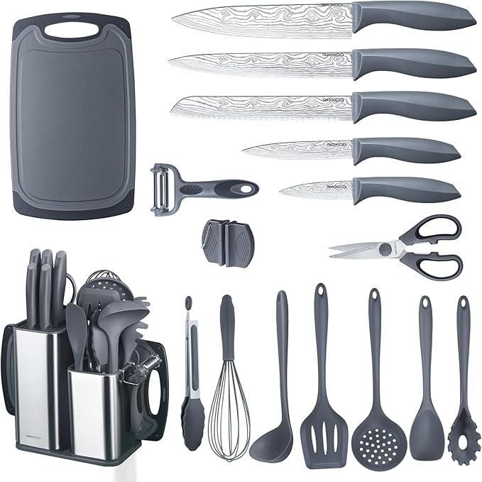 RAXCO Kitchen Set,7-Piece Cooking Utensils,5-Piece Kitchen Gadgets,6-Piece Knife set,Gray