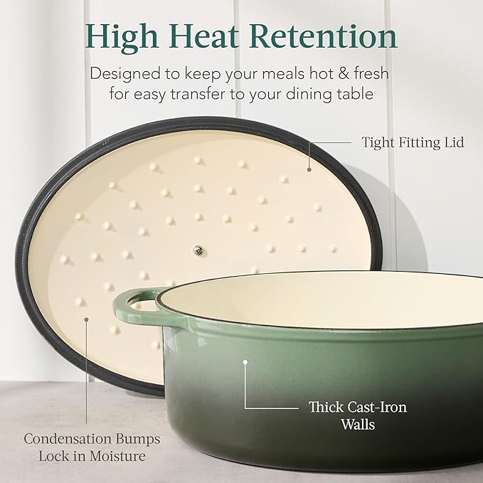 Best Choice Products Oval 7.5 Quart Enamel Cast-Iron Dutch Oven, Heavy-Duty Pre-Seasoned for Baking, Cooking w/Side Handles – Deep Olive Green