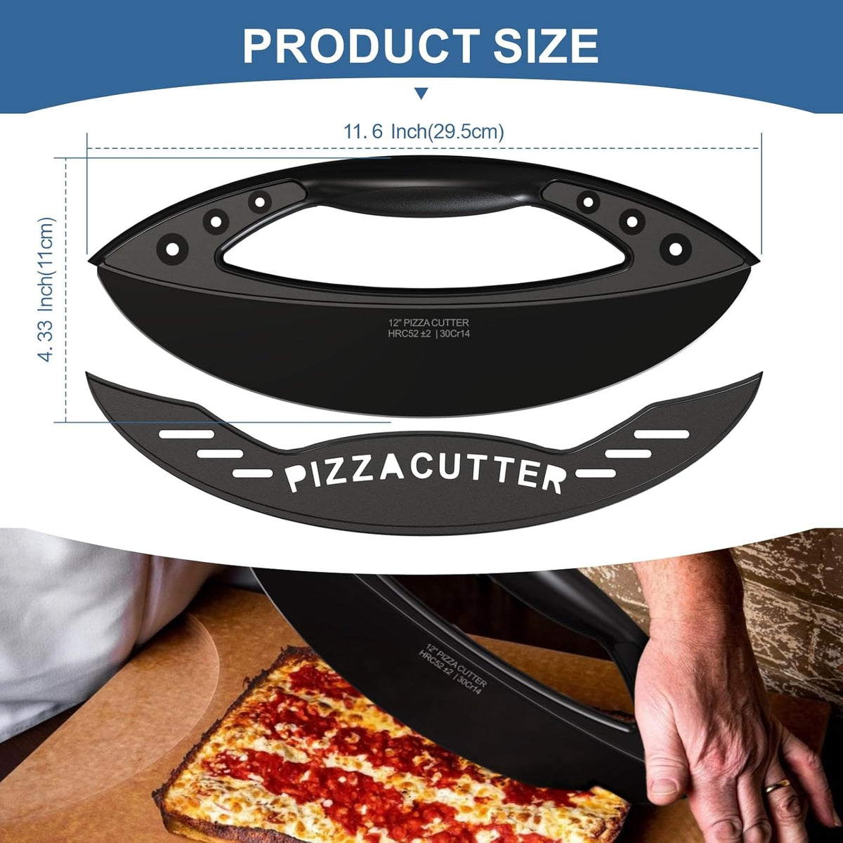 AILUROPODA 12-Inch Pizza Rocker Blade Cutter, Stainless Steel with Protective Cover, Black