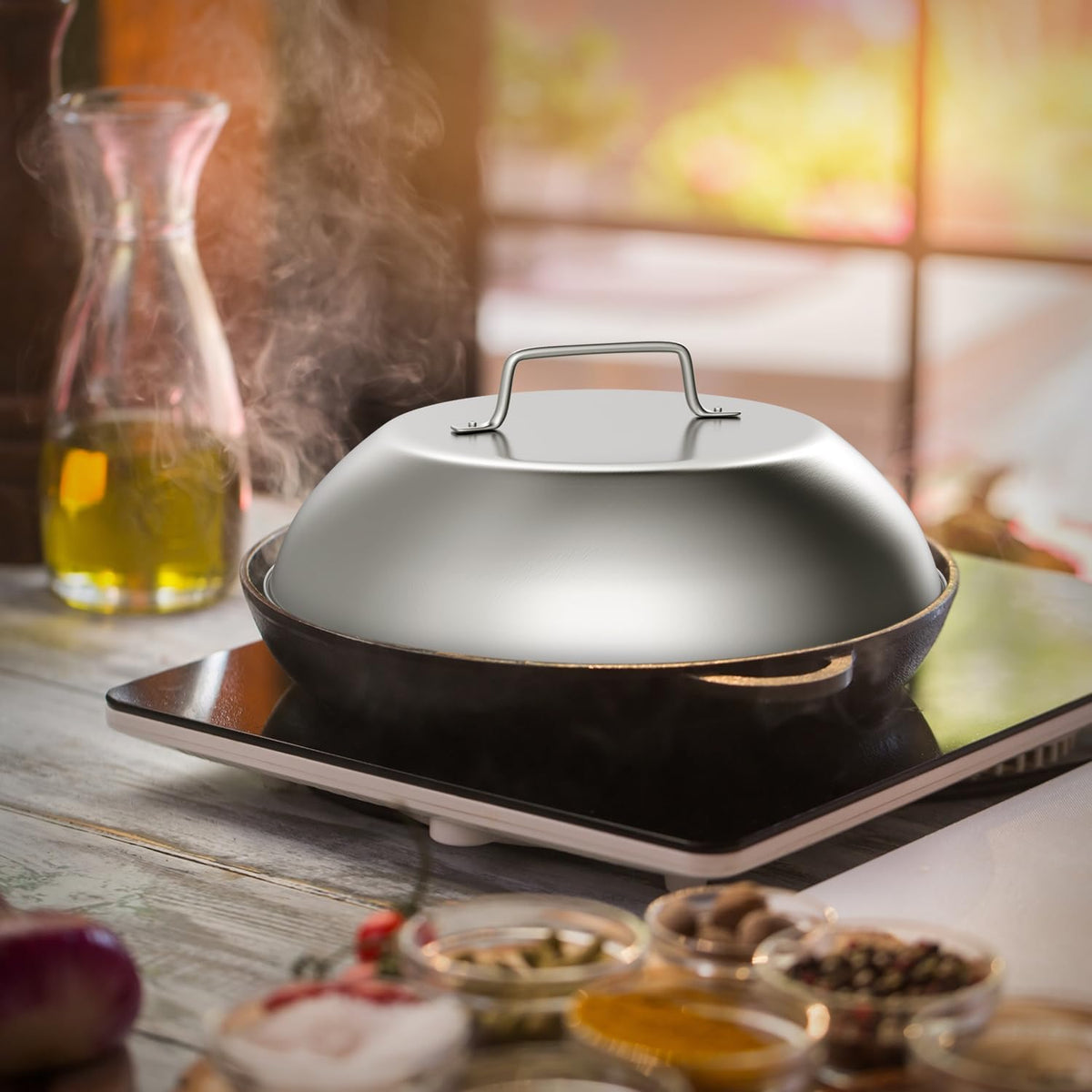 SafBbcue Round Cast Iron Smash Burger Grill Weight Press Tool & Griddle Steamer Melting Dome 12" Round Stainless Steel Basting Cover for Blackstone Griddle, Griddle Food Cover Dome for Flat Top Grills