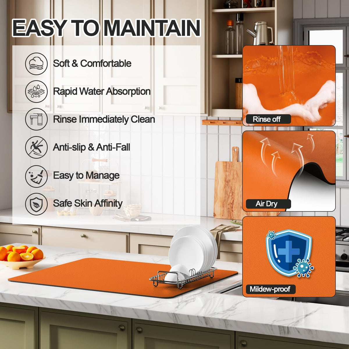 Dish Drying Mat for Kitchen Counter | Coffee Bar Mat for Countertops | Heat Resistant Drainer Mat with Non-slip Rubber Backed | Hide Stain Kitchen Absorbent Draining Mat | Orange 18"x24"