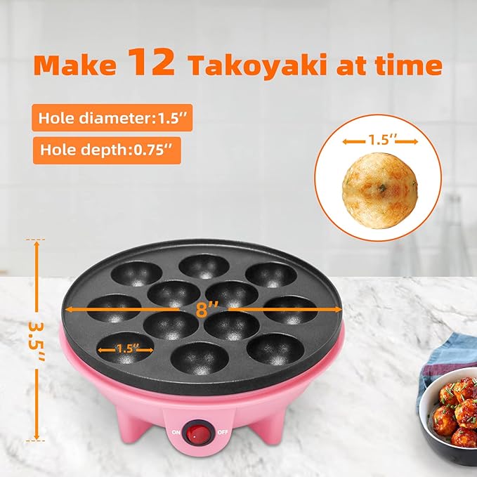 Electric Takoyaki Maker With Free Takoyaki Tools for Takoyaki Octopus Ball Cake Pop Ebelskiver 8 Inches Nonstick