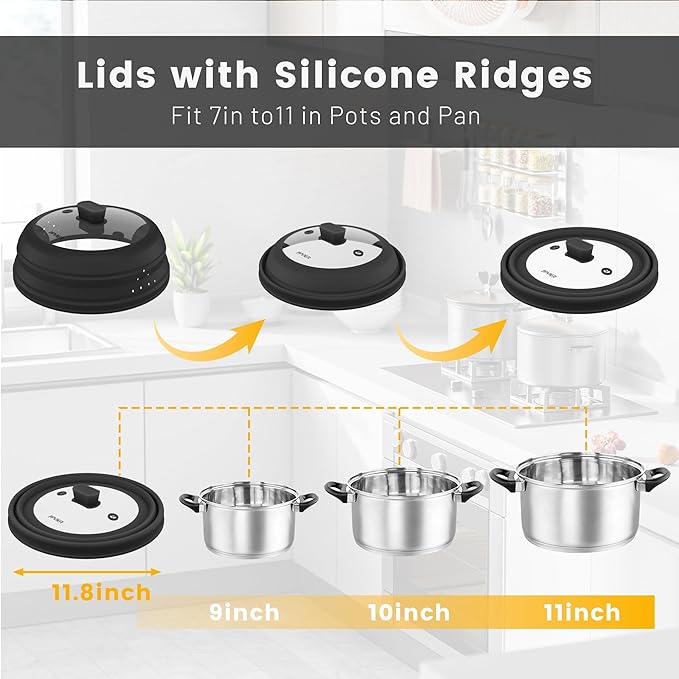 Microwave Splatter Cover, Collapsible Silicone Microwave Plate Cover with Glass for Food Splatter Guard Lid 11.8 inch Black