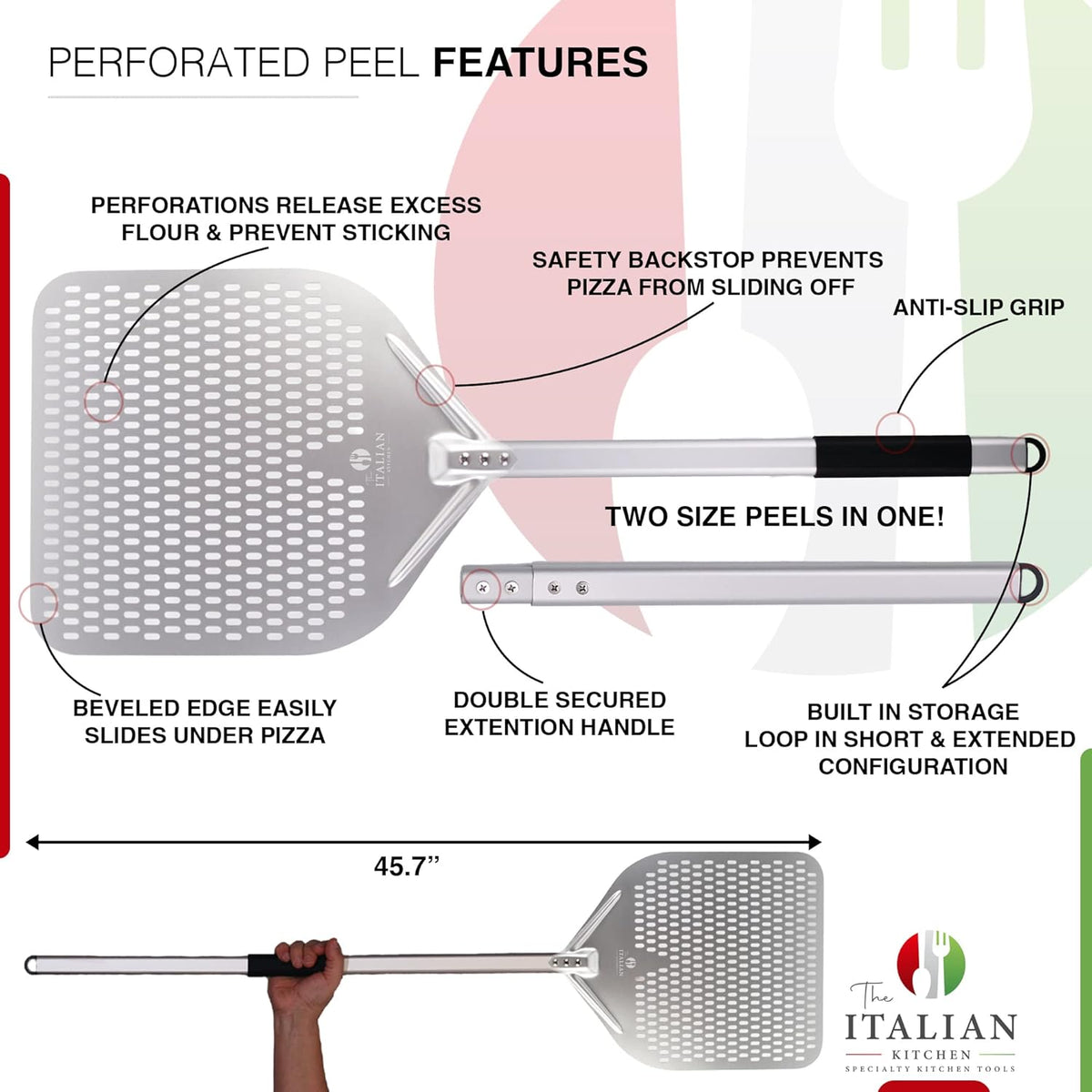 Perforated Pizza Peel 13"W x 16.7"L- Professional Restaurant Grade Large Metal Pizza Peel - 45.7" or 29.7" Long Handle Aluminum Turning Peel - Commercial Pizza Paddle