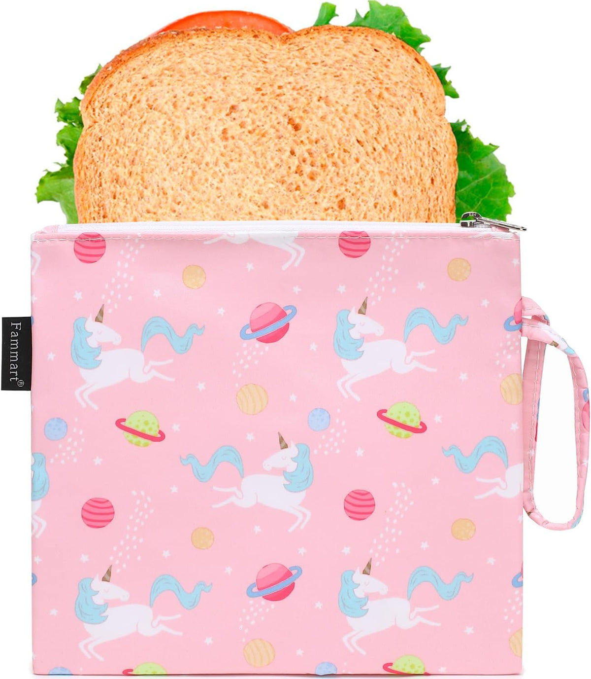 Reusable Sandwich Bag/Snack Bag for Kids & Adults, Dual Layer Lunch Bag with Handle, Washable, Food Safe, BPA Free (1-Pack, Planet Unicorn)