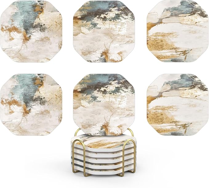 UMIRRO Ceramic Stone Coasters for Drinks Absorbent with Holder for Wooden Coffee Table Decor, Stoneware Cup Coasters for Iced Cold or Hot Drinks, Rustic Retro Boho Style, Gold, 4" Set of 6