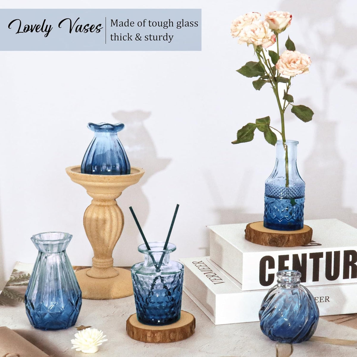 36Pcs Bud Vases Set Small Vintage Glass Bottles Bud Vases in Bulk Multiple Shape Cute Glass Vases for Rustic Wedding Centerpieces Table Decorations and Home Decor(Blue)