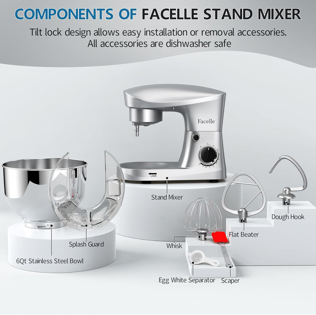 Facelle Stand Mixer, 10-Speed 6QT Kitchen Electric Mixer, Tilt-Head Food Mixer with Beater, Dough Hook, Wire Whip and Egg Separator, scraper for Most Home Cooks - Silver