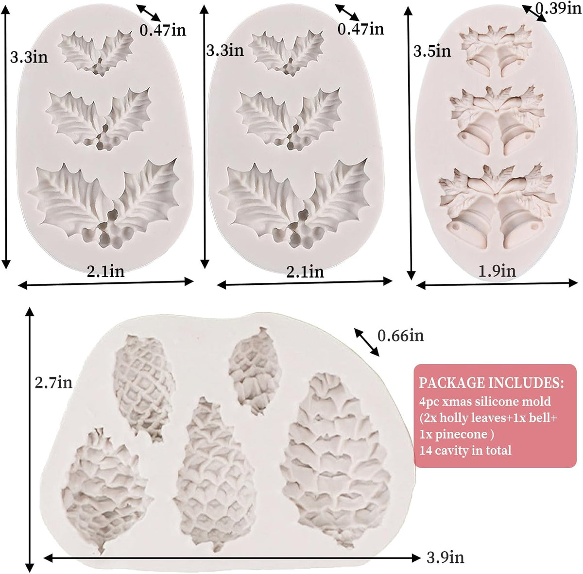 4PCS Christmas Fondant Molds, Christmas Holly Leaves Bells Pinecone Silicone Chocolate Molds, Unique Shape Cake Pop Candy Gummy Molds for Baking, DIY Holiday Dessert Polymer Clay Candle Craft