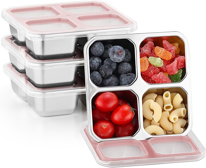 BEFOY 4 Pack Stainless Steel Snack Containers with Lids 4 Compartment Food Storage Containers for Adults Meal Prep Reusable for work or going out.(pink, 4)