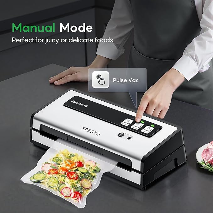 FRESKO Automatic Vacuum Sealer for Food with 95 kPa Powerful Suction, Compact Food Sealer machine Starter Kit with 10 Vacuum Bags for Dry/Moist Food, Sous Vide, Meal Prep