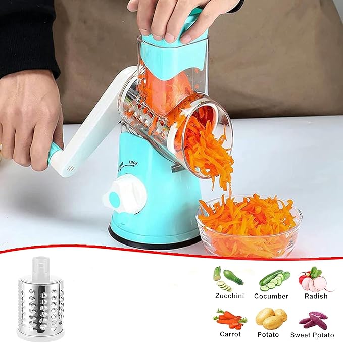 Rotary 3-in-1 Grater for Kitchen - Stainless Steel Cheese Grater with Turn Handle (Blue)