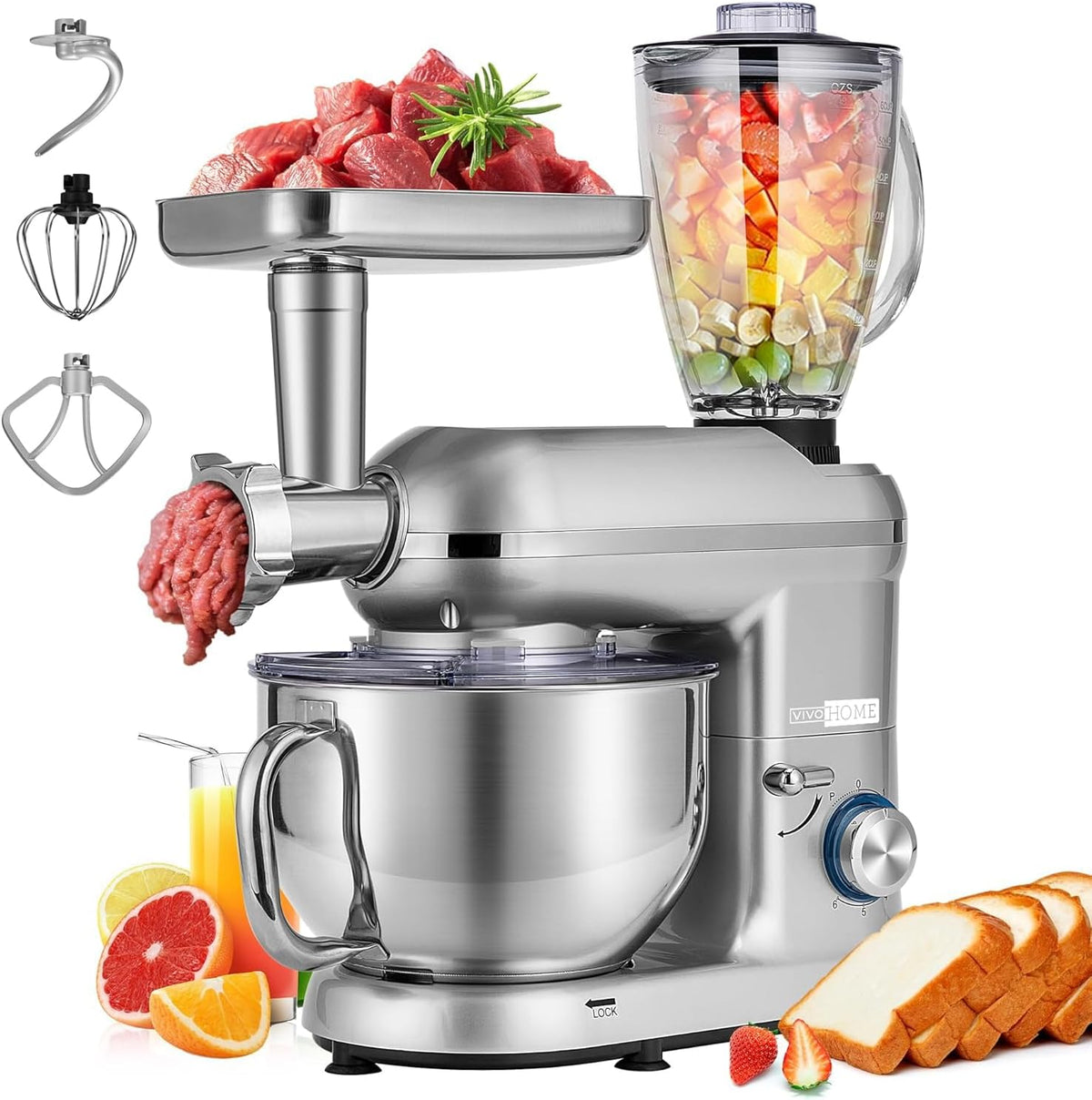 VIVOHOME 3 in 1 Multifunctional Stand Mixer with 6 Quart Stainless Steel Bowl, 650W 6 Speed Tilt-Head Meat Grinder, Juice Blender, Silver
