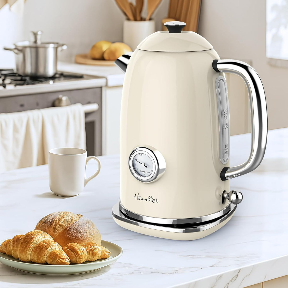 Harriet Electric Kettle, 1.8L Retro Electric Tea Kettle with Thermometer, 1500W Stainless Steel Hot Water Kettle Electric with LED Indicator, Fast Boiling, Cordless, Auto Shut-Off, Beige White
