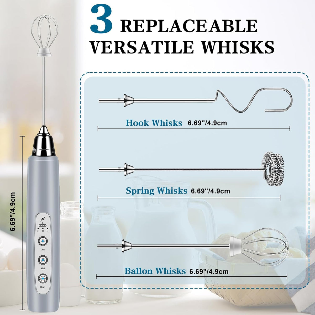 Milk Frother Handheld for Coffee, Electric Whisk 3 Speed Adjustable, Drink Mixer with Stainless 3 Whisks, Rechargeable Hand Frother Wand, for Latte Cappuccino Hot Chocolate Egg Cement Gray