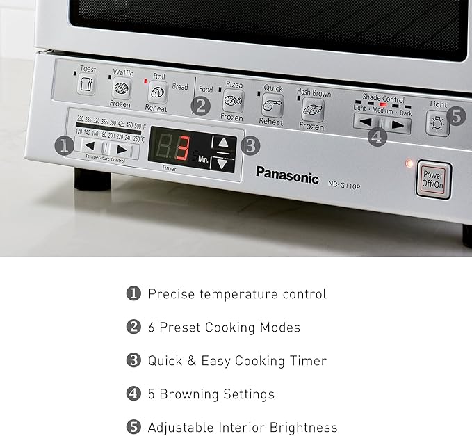 Panasonic FlashXpress Toaster Oven Countertop, 4-Slice Small Toaster Oven Compact Size with Double Infrared Heating, 6 Auto Cook Options and Precise Temperature Control, 1300W - NB-G110P (Silver)