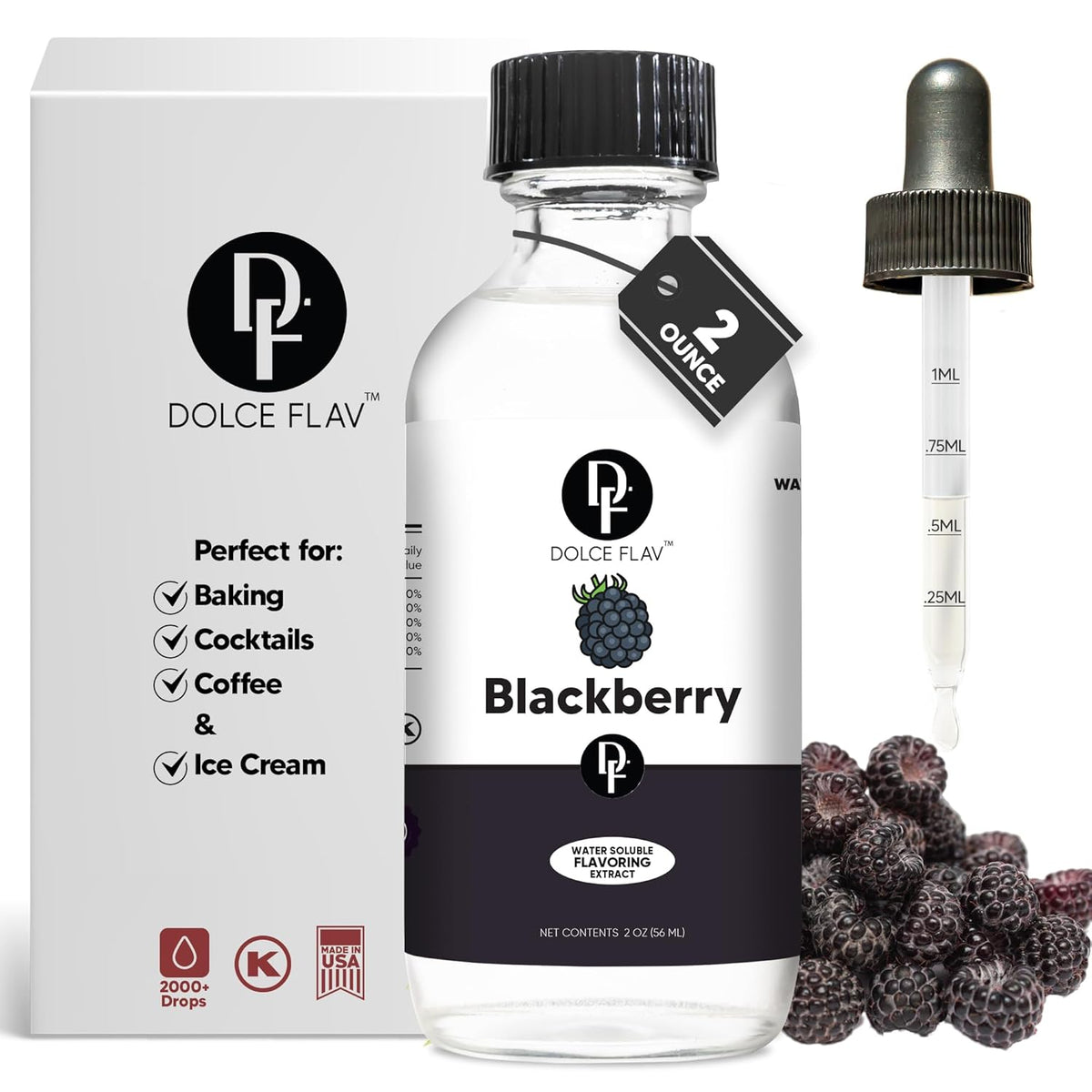 Dolce Flav Blackberry Extract - 2 Ounce Water-Soluble Multipurpose Flavoring Ideal for Baked Goods, Beverages, Coffee, Desserts & Ice Cream - Perfect Kitchen Gift for Holidays