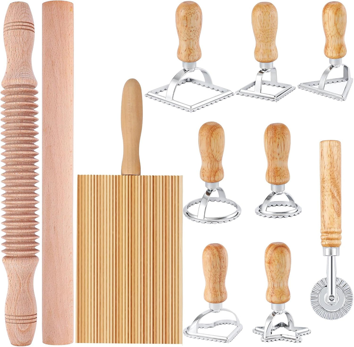 Pasta Making Tool Set of 11, Ravioli Maker Cutter Stamp Set, 1 Pasta Cutter Wheel with 1 Dough Roller, 1 Wood Gnocchi Board with 1 Ravioli Rolling Pin, Pasta Maker Tools for Lasagna, Pierogi