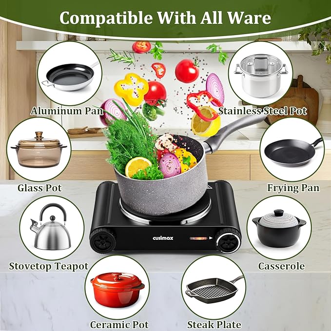Cusimax Hot Plate,1500W Hot Plate Electric with 7.4″Cast Iron Countertop Single Burner,Electric Stove Top Burner for Cooking,Temperature Controls,Black
