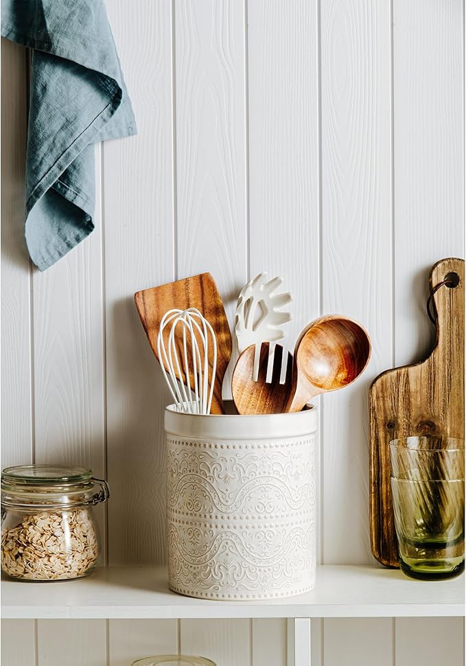 Kitchen Utensil Holder, 7 Inches Large Ceramic Utensil Holder for Countertop, Lace Emboss Cooking Utensil Crocks for Kitchen, Home Decor, Off-White