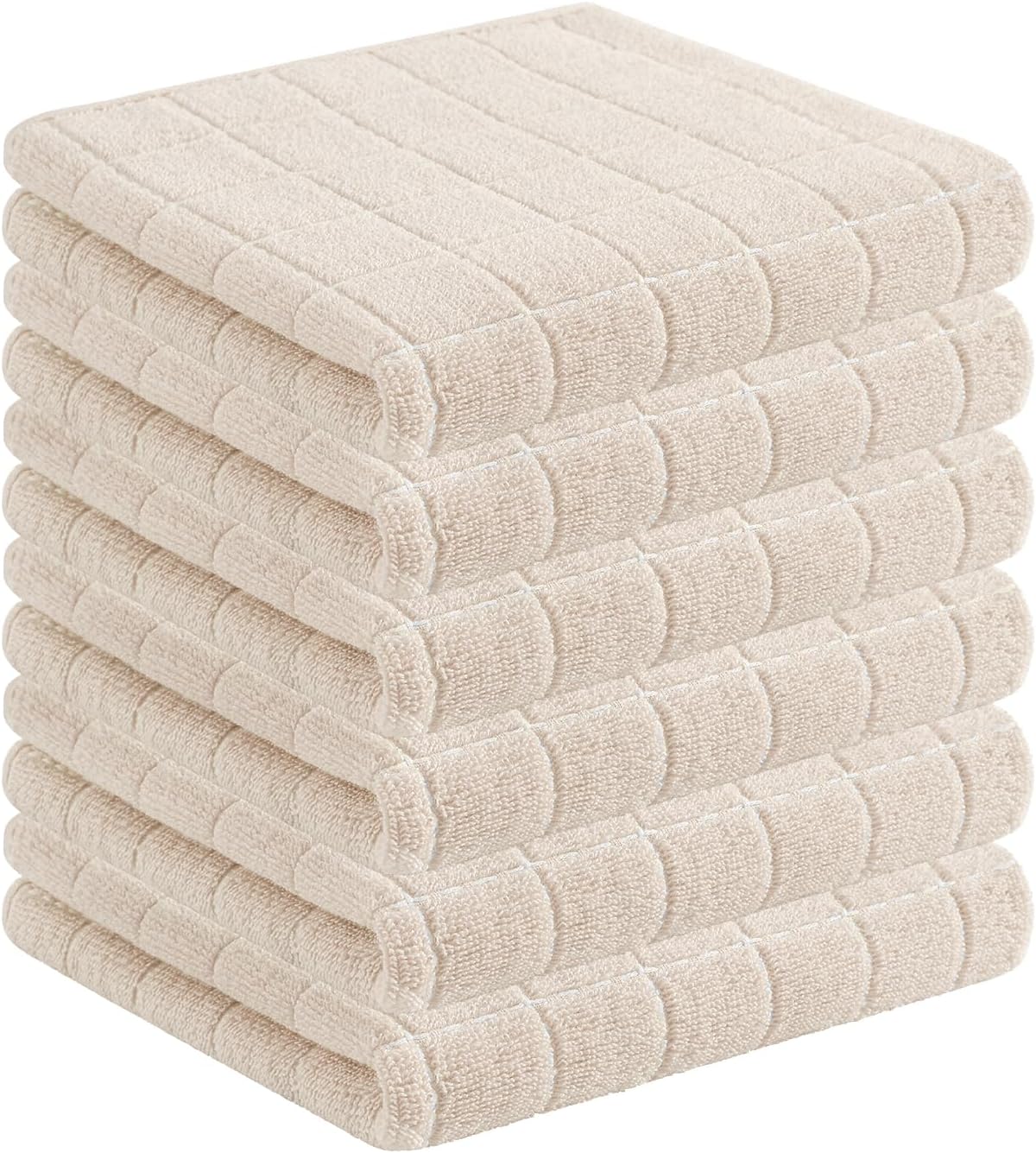 Homaxy 100% Cotton Terry Kitchen Towels(Beige, 13 x 28 inches), Checkered Designed, Soft and Super Absorbent Dish Towels, 6 Pack