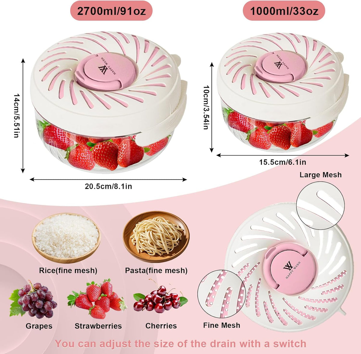 2 Pcs, Fruit Washing Bowl with Strainer, fruit strainer container with lid, Portable Fruit Colander with Collapsible Handle, Strawberries Container Salad Stir for Kitchen Picnic, Large & Small