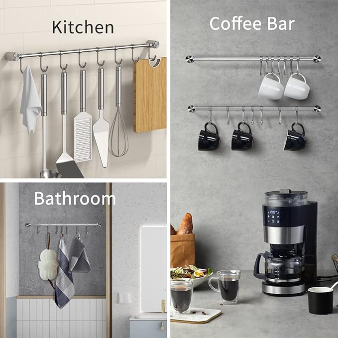 15.6 Inch Wall Mounted Pots and Pans Hanging Rack, 304 Stainless Steel, Rust Resistant, Space Saving, Easy Installation, 7 Sliding Hooks, 1 Pack