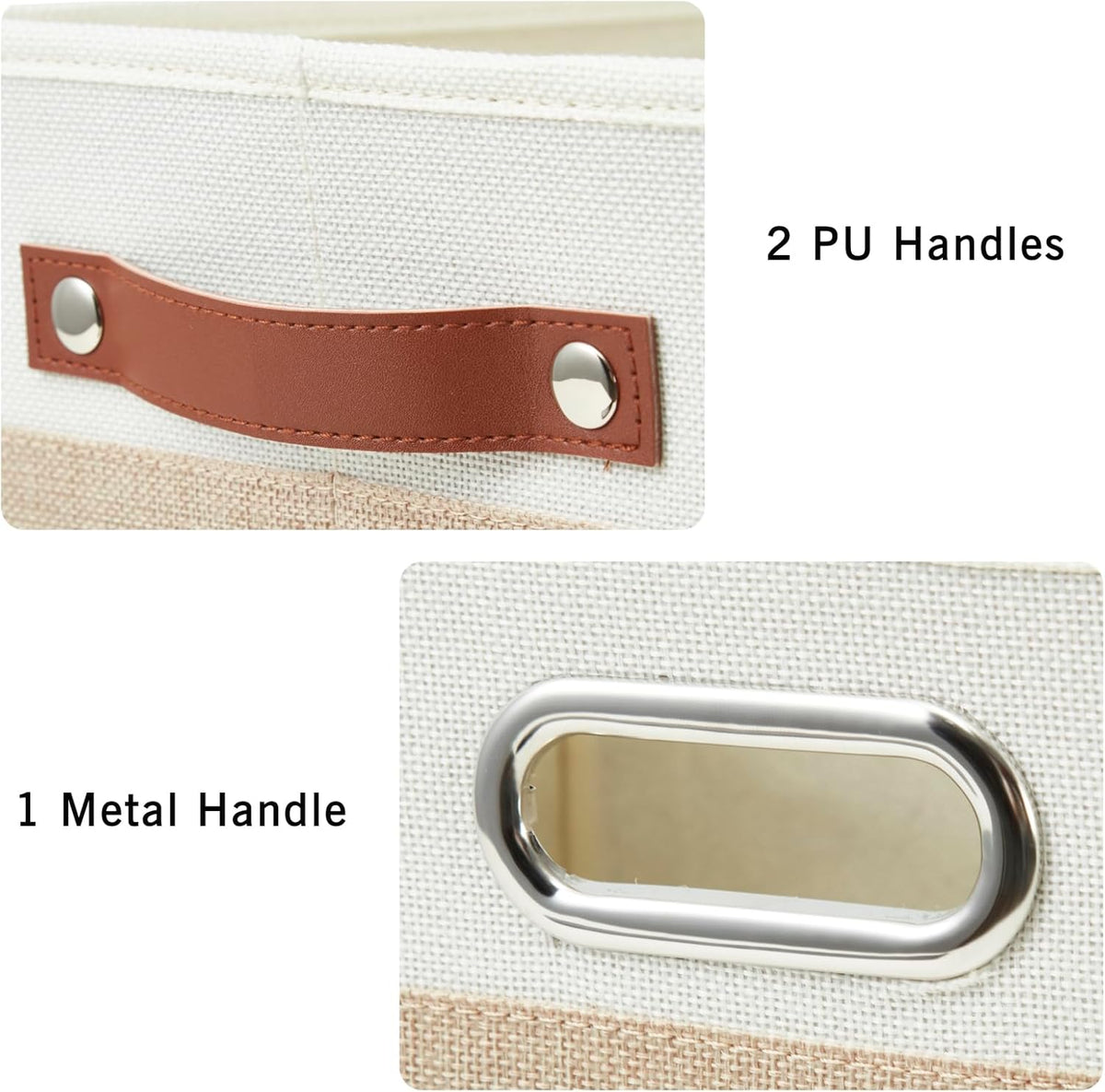 Large Collapsible Fabric Storage Bins with 3 Handles, Foldable Organizer Baskets for Closet, Shelves, Living Room | 3 Pack, Durable PU & Metal Handles (14.9"x9.8"x9.8", Beige & White)