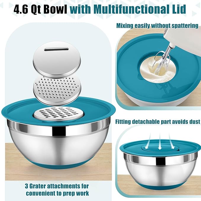 P&P CHEF Mixing Bowl with Lids Set of 3, Stainless Steel Nesting Salad Bowls for Serving Preparing, 3 Grater Attachments & Non-Slip Bottoms, Size 1.5/2.6/4.6 QT, Blue
