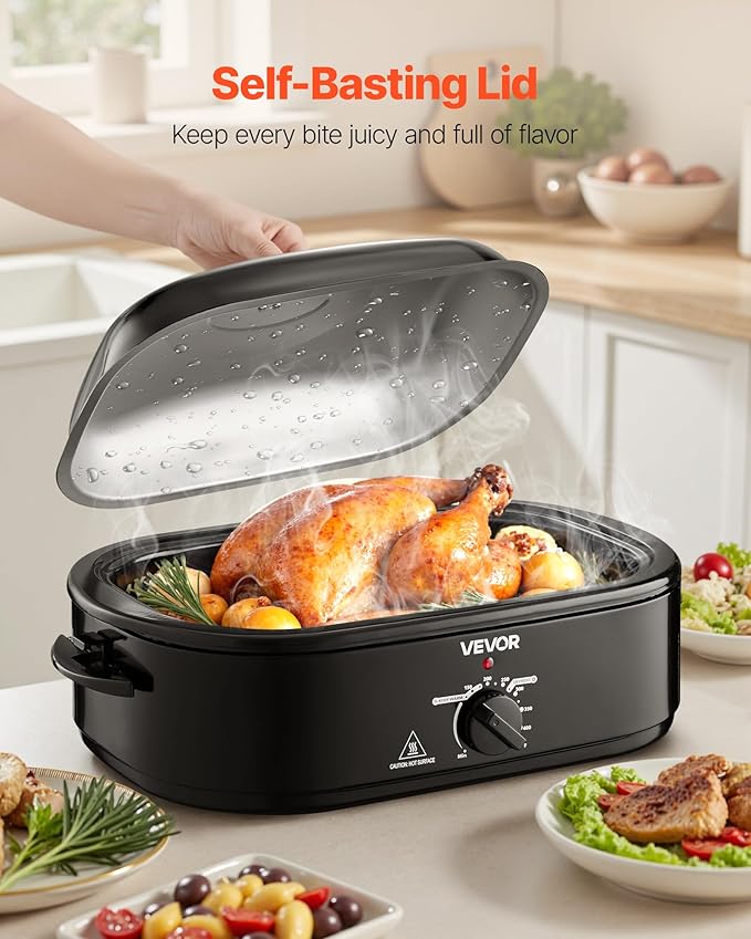 VEVOR Roaster Oven, 18QT Fast-Cooking Turkey Roaster, 150-450℉ Adjustable Temperature Turkey Oven with Self-Basting Lid, Removable Pan and Rack, Defrost & Warm Function, Electric Roasting Pan for Home