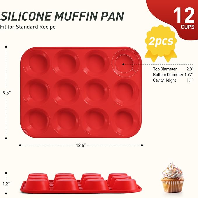 2 Pack 12 Cups Silicone Muffin Pan with Metal Reinforced Frame Regular Size Silicone Molds Cupcake Cake Baking Pans Cookie Baking Chocoflan Cupcake Mold Muffin Tray Dishwasher Safe BPA Free