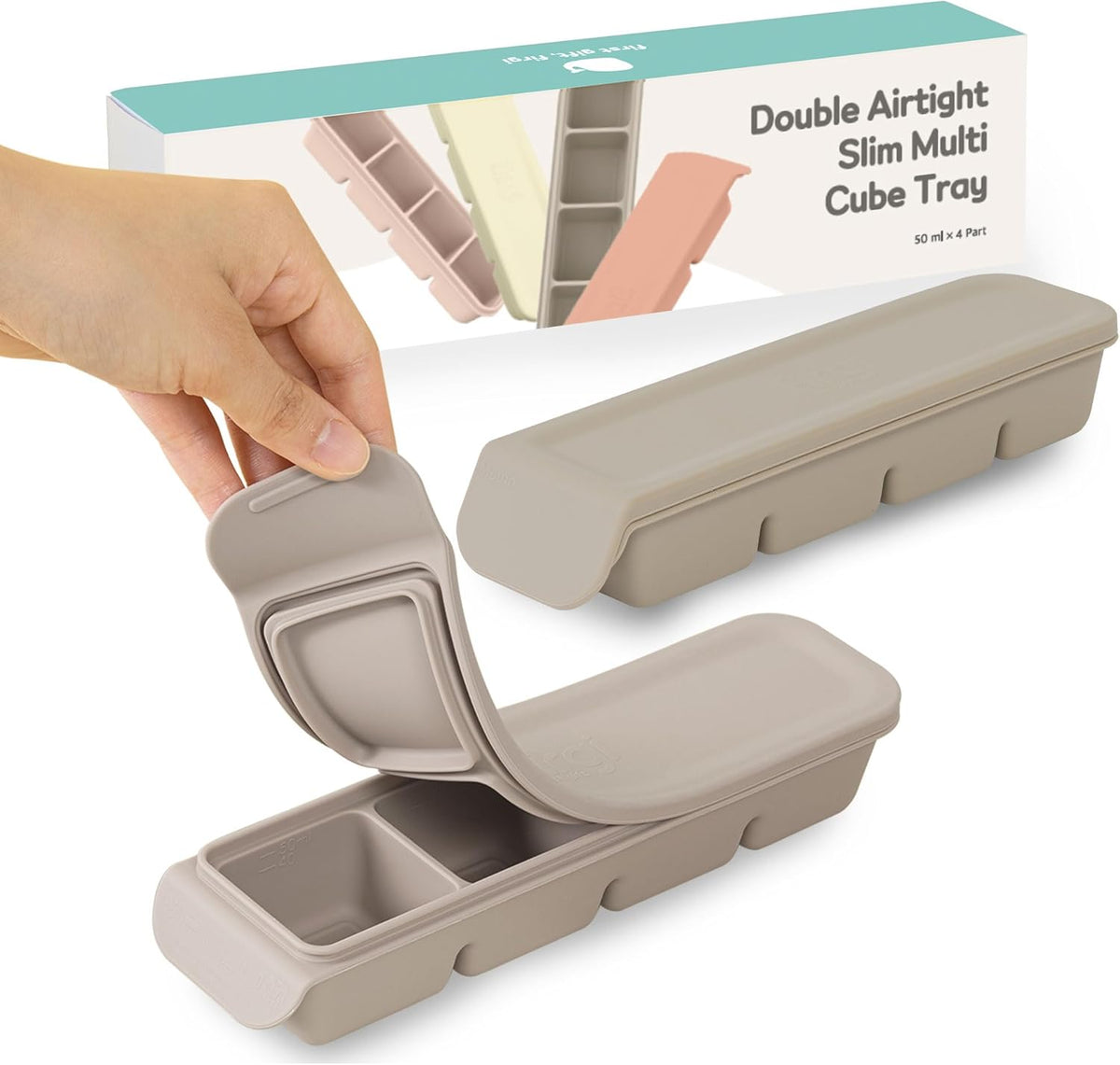 4 Section-1.7oz Gray 100% Food Grade Silicone Ice Cube Tray Food Container with Airtight Locking Lid, Fruit Vegetable Purees, Breastmilk Storage for Baby & Toddler Food | BPA Free Korea Made