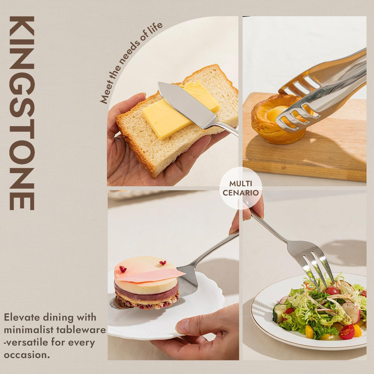 KINGSTONE 16 Piece Serving Utensils Set, 18/10 Stainless Steel Serving Utensils, Slotted Spoon, Fork, Tong, Soup Ladle, Cake Server, Butter Knife and Ice Tong for Buffet, Parties, Kitchen