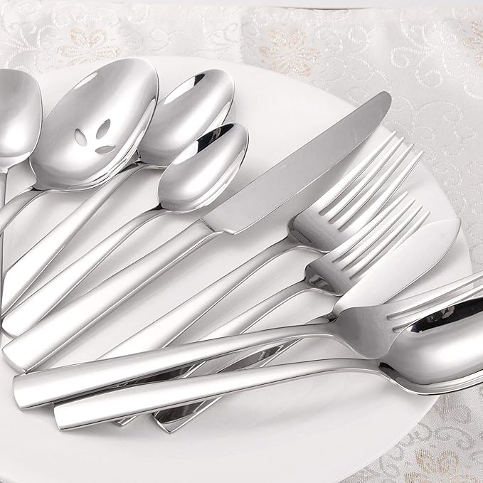 45-Piece Flatware Sets, Silverware Set for 8, Durable Stainless Steel Tableware in Ergonomic Design Size and Weight, Kitchen Utensils Set with Steak Knives, Rust-proof, Dishwasher Safe